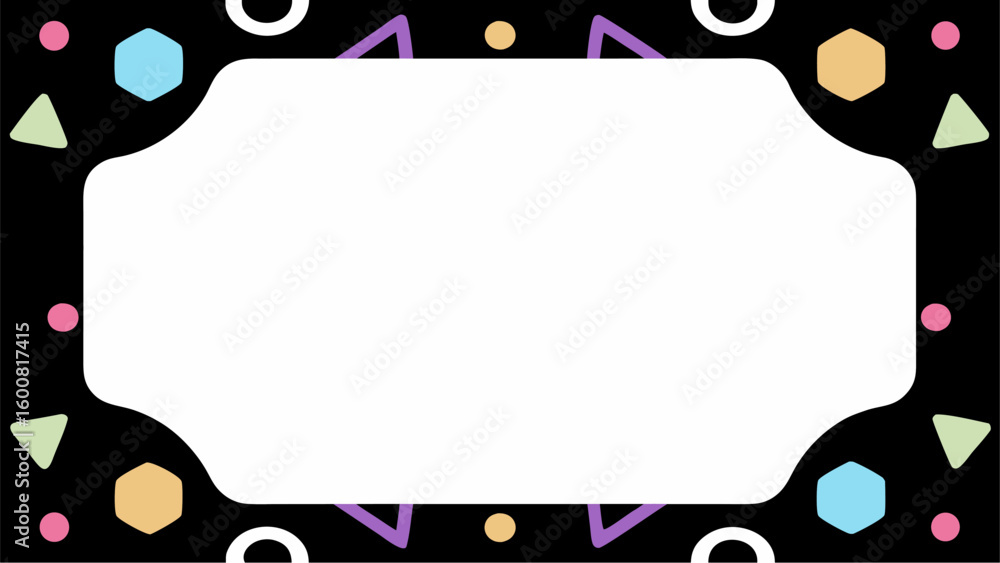 Poster geometric shapes frame a white rounded rectangle on a black background with colorful decorations all