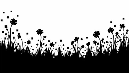 Silhouette of a field with flowers grass and scattered squares against a white background in monochrome style