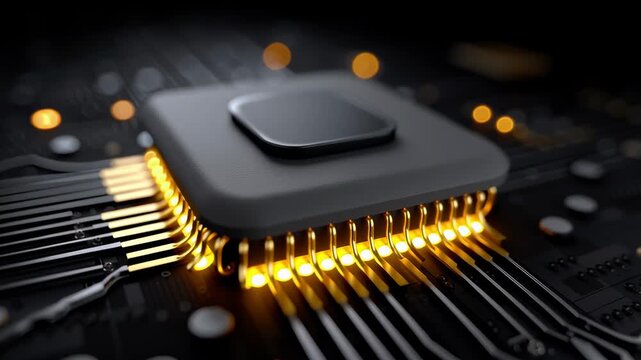 Neuromorphic Computing, A close-up view of a microchip with glowing gold connectors on a dark, blurred circuit board background.