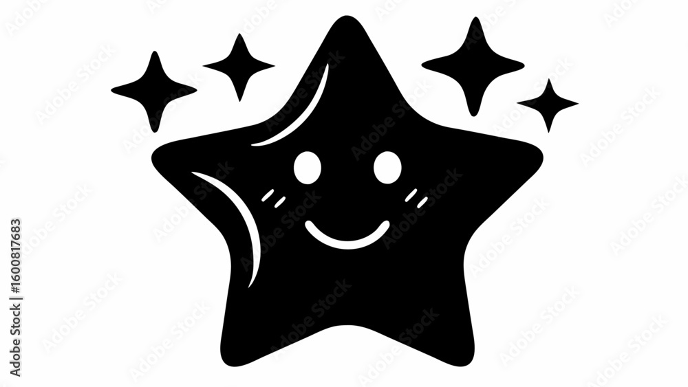 Aufkleber a black star with a smiling face and four smaller stars floating around it on a white background spa