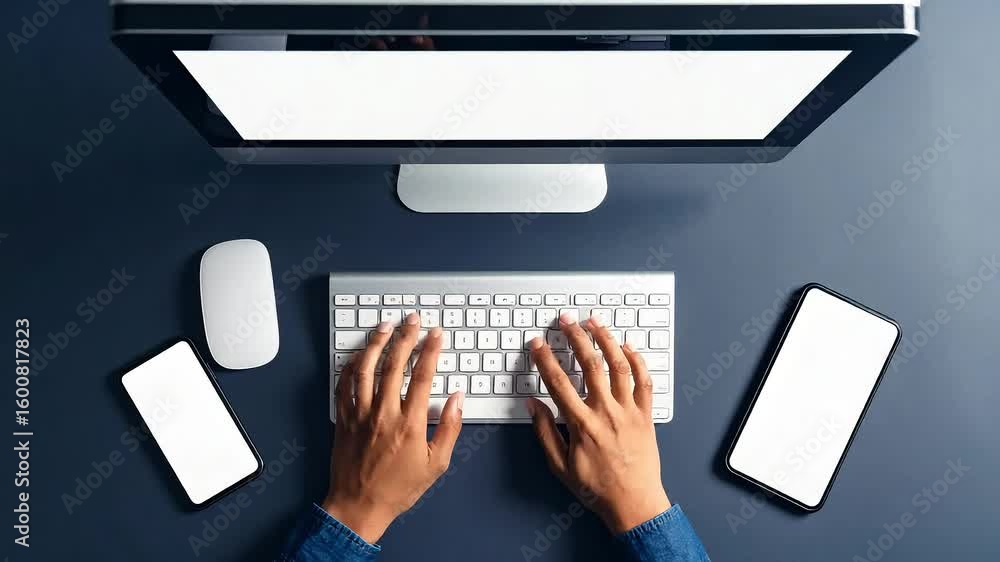 Poster overhead view of hands typing on keyboard at a modern workplace
