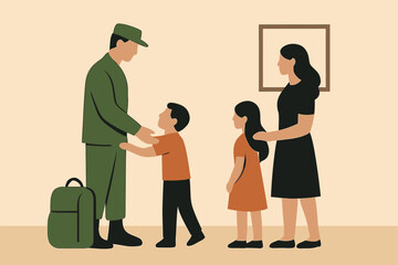 A touching illustration of a military family, featuring a soldier returning home to his children and wife, depicting reunion, love, and family values in a heartwarming scene.