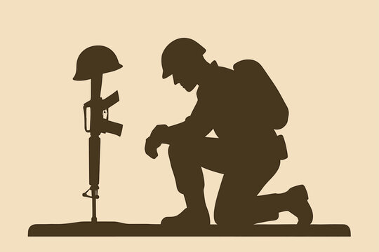 A solemn silhouette of a soldier kneeling in front of a battlefield cross, honoring fallen comrades with deep respect and remembrance.
