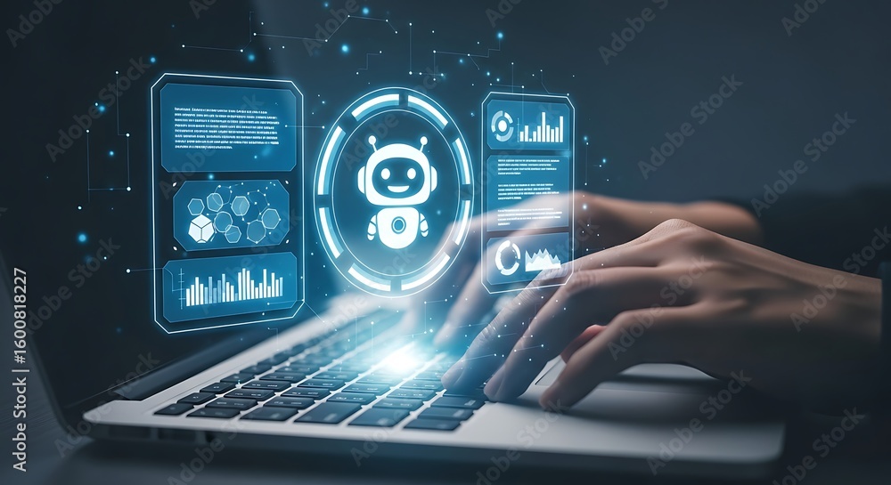 Aufkleber hands typing on a laptop with an artificial intelligence interface