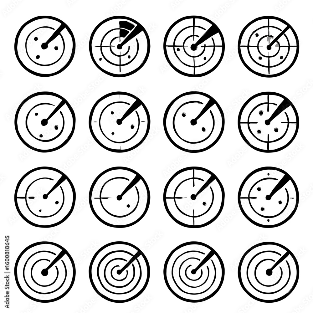 Poster a collection of radar icons in a grid, featuring various stages of scanning, suitable for navigation
