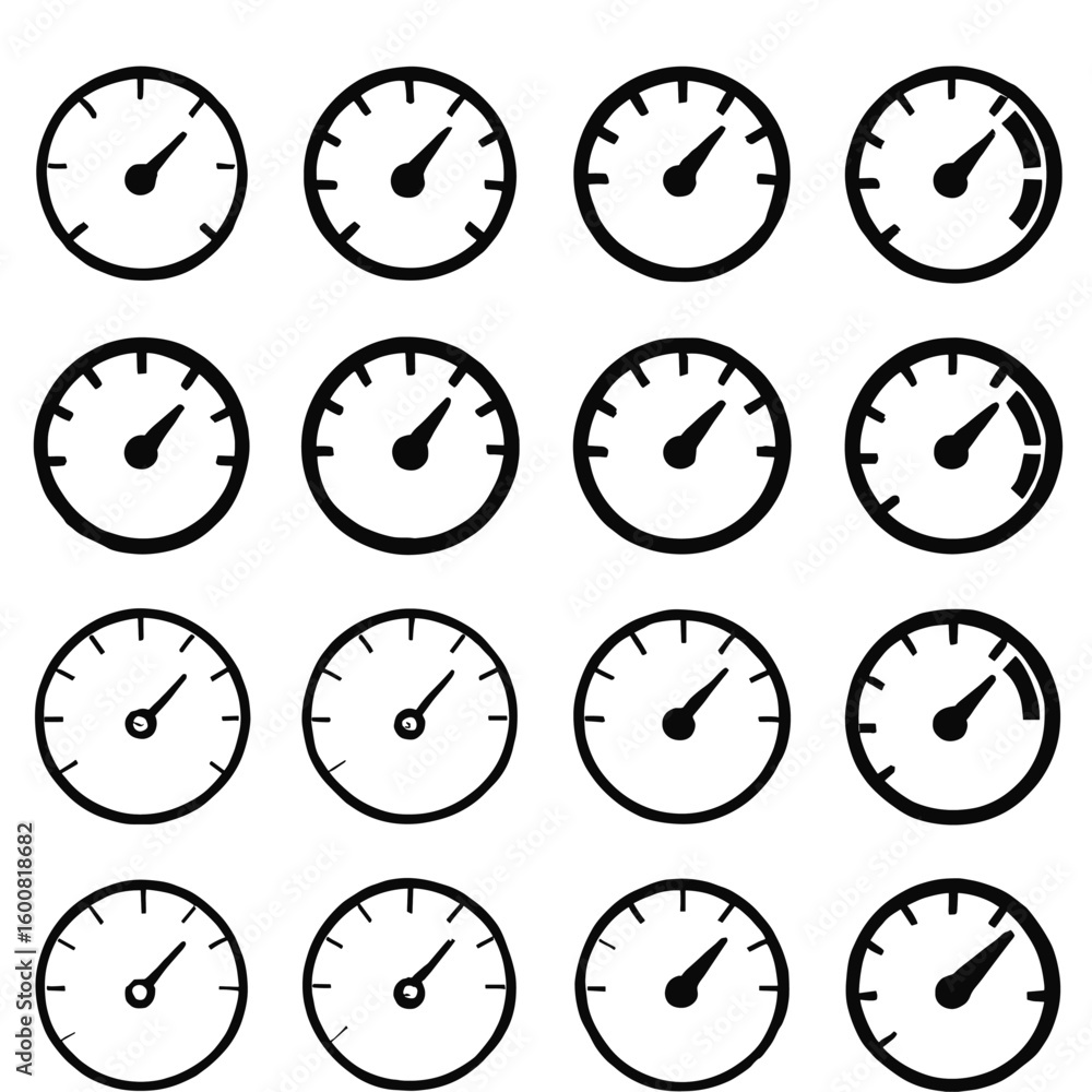 Poster a collection of simple black and white speedometer illustrations, showing different speedometer read
