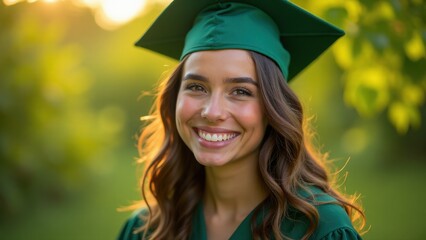 Happy Graduate Woman in Green Cap and Gown, Outdoor Portrait, Golden Hour Light