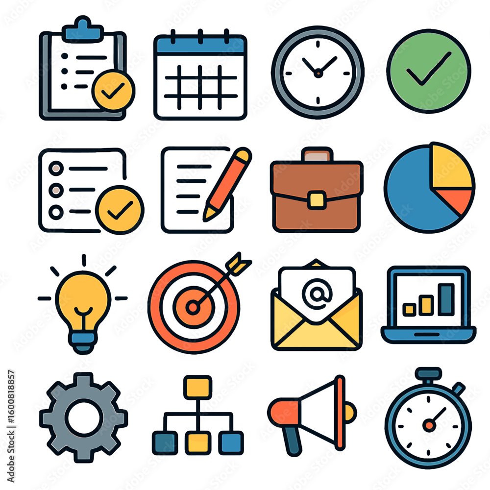 Poster a comprehensive set of vector icons representing business and office concepts, including time manage