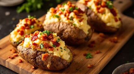 Four loaded baked potatoes with mashed potato and bacon topping image