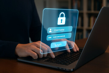 Person logging into secure digital system using laptop with glowing virtual login interface showing username and password fields for online identity protection