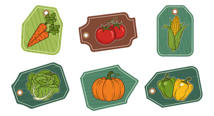 A colorful collection of illustrated vegetable tags, showcasing carrots, tomatoes, corn, lettuce, pumpkin, and bell peppers, perfect for culinary and agricultural designs.
