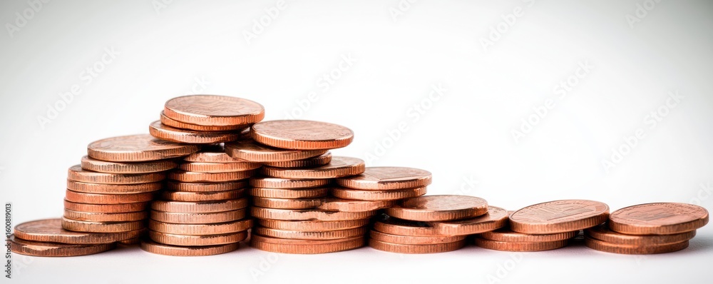 Poster stacks of shiny copper coins arranged in a stepped pattern on a white surface.