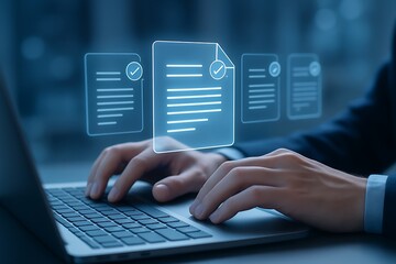 Person typing on laptop with digital documents hands keyboard