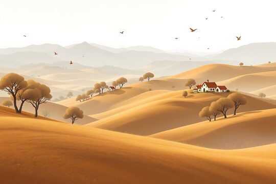 Golden rolling hills with houses and trees under a pale sky landscape yellow