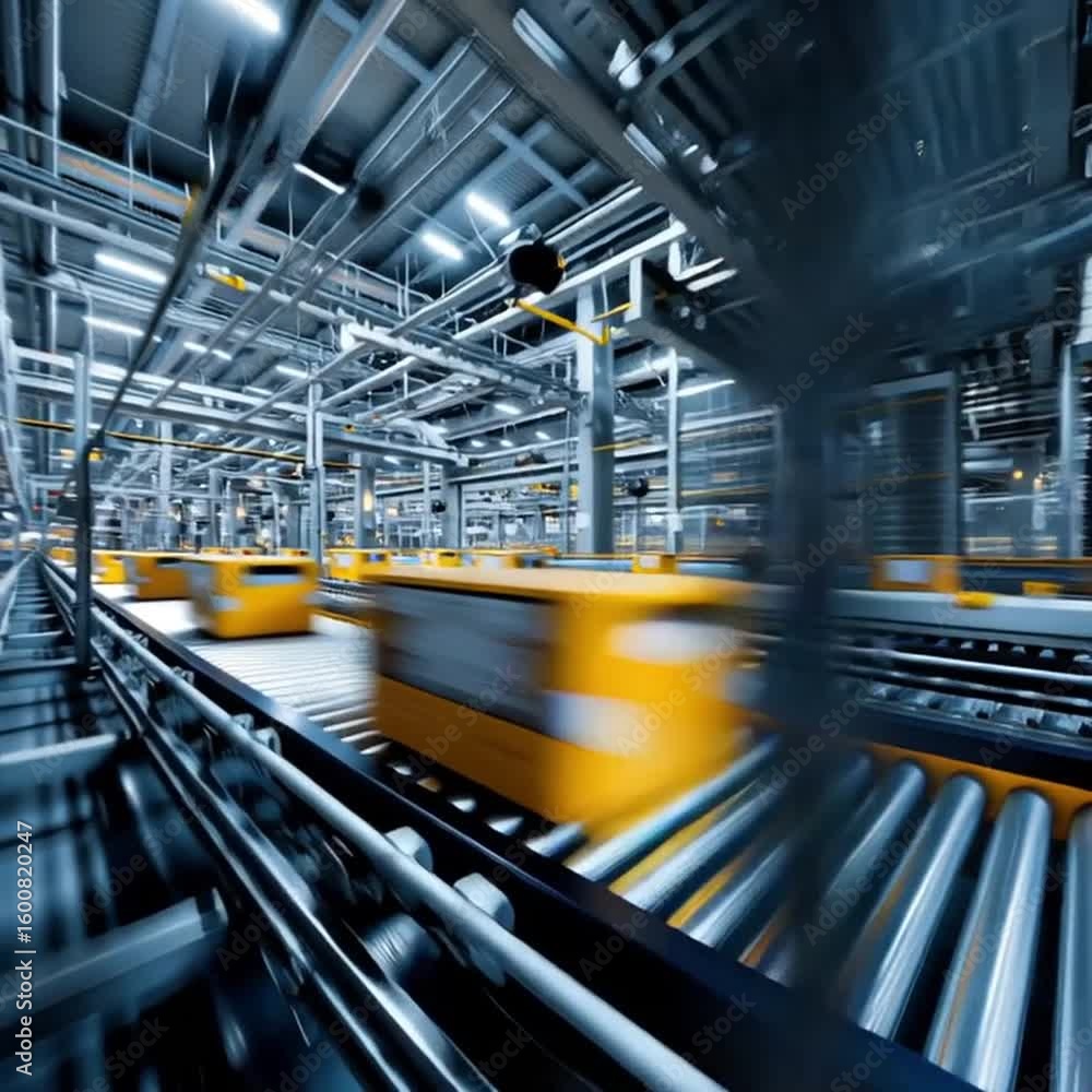 Poster sap cloud automation. automated conveyor system with yellow bins moving rapidly inside a modern indu
