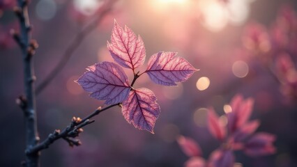 Serene Sunrise: Delicate Purple Leaves, Soft Light, Springtime Nature Photography