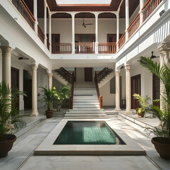 Luxurious Interior Courtyard of a Modern Hotel with a Reflecting Pool and Elegant Design.