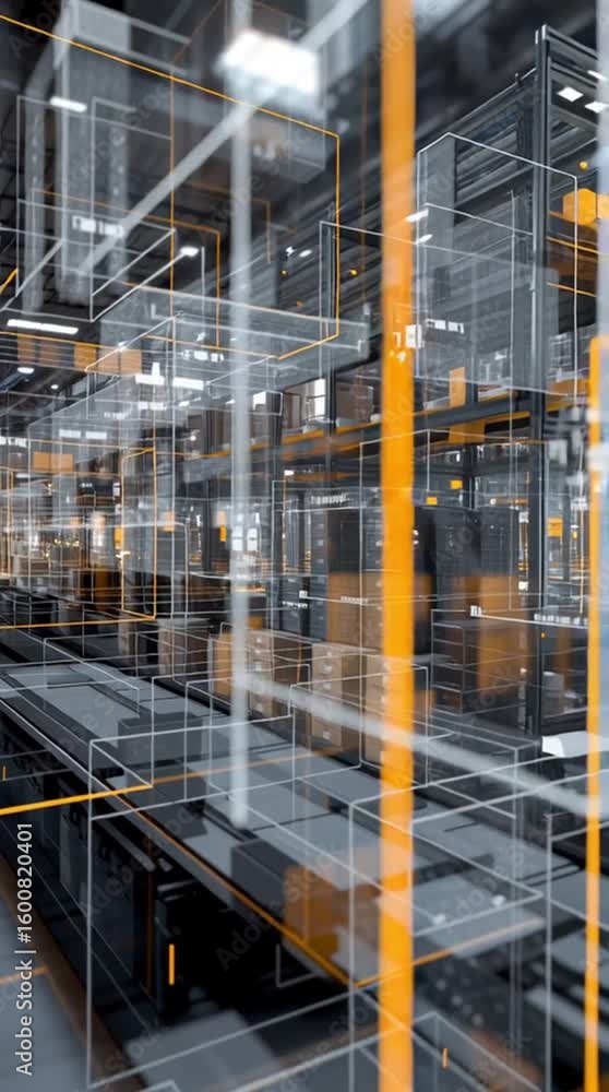 Poster sap cloud automation. a high-tech warehouse interior featuring virtual interface graphics and automa