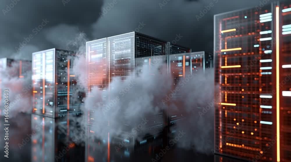 Poster sap cloud automation. rows of futuristic servers emit glowing lights and digital mist in a high-tech