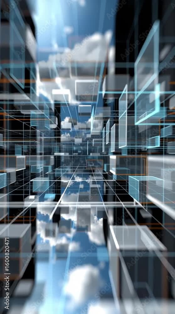 Poster sap cloud automation. a futuristic cityscape of glass and metal cubes with a clear sky and clouds re