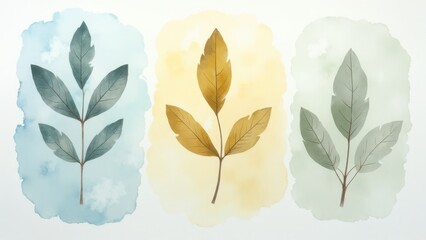 Serene Watercolor Botanical Prints: Teal, Gold, Sage Leaves on Soft Backgrounds