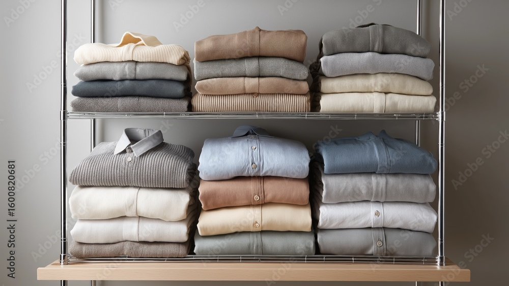 Poster neatly stacked sweaters in different shades on open storage shelves create a cozy atmosphere.