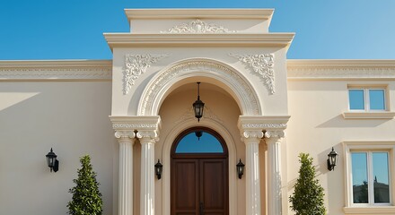 An ornate building facade with a grand arched entrance and decorative columns