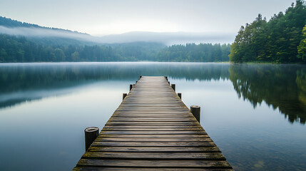  Wooden pier stretching out into a calm, placid lake 