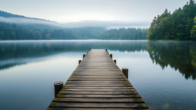 Fototapeta  Wooden pier stretching out into a calm, placid lake 