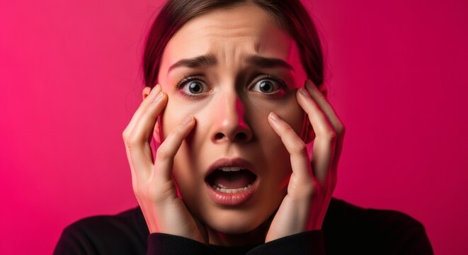 A woman's face conveys a mix of fear and surprise against a vibrant pink backdrop.