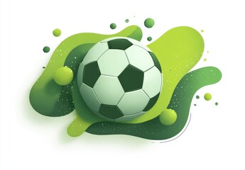 A soccer ball rests on an abstract, vibrant green, fluid design featuring various sized dots and splashes