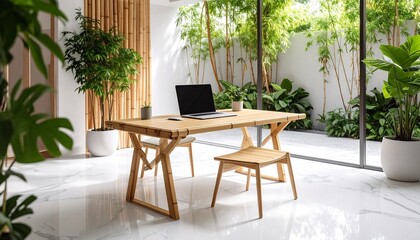 Bamboo foldable desk transforming from flat panel into workspace with laptop and plants on white marble floor