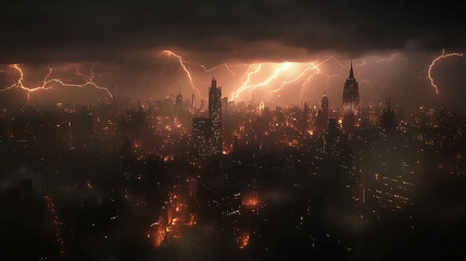 A sky filled with flickering lightning over a darkened cityscape