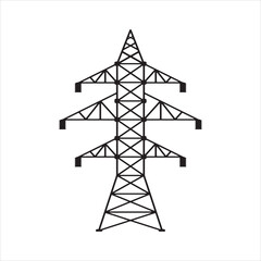 Tall black metal electricity pylon with power lines against a white background