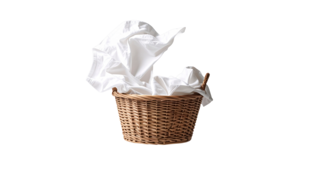 Wicker Basket with White Crumpled Paper against Transparent Background