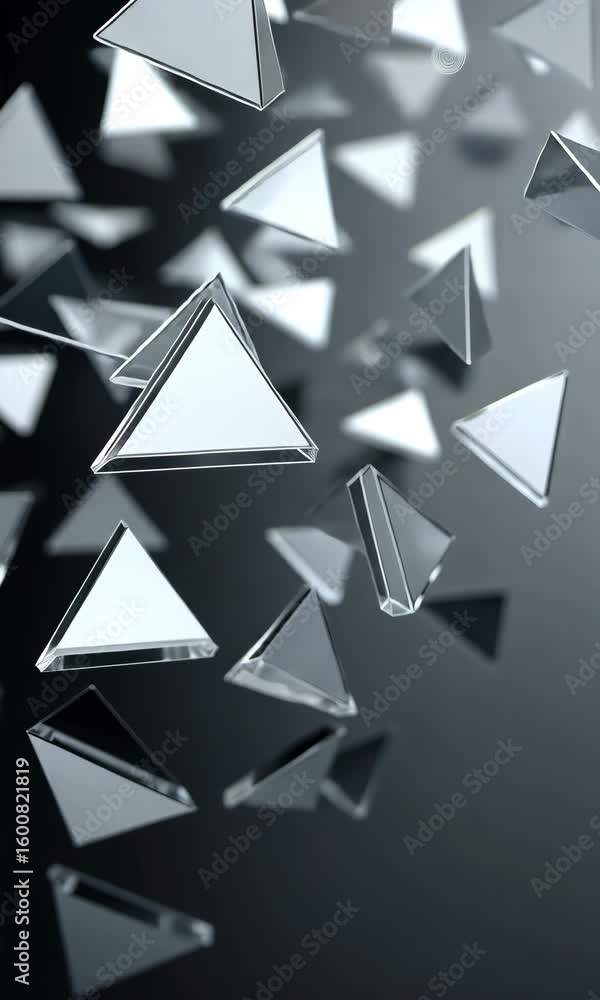 Poster floating geometric glass triangles create shiny reflections, mesmerizing viewers with their abstract
