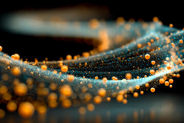Spiraling electric-orange and blue particle ribbons twisting dynamically like powerful tennis swings in motion and energy