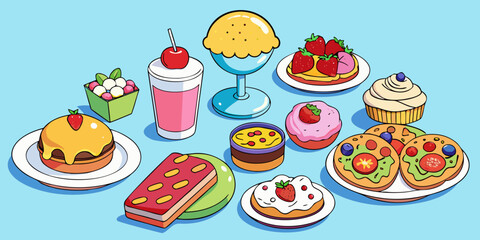 Here's a concise description:

A vibrant vector set of food icons featuring various meals, fast food, and desserts like pizza, hamburgers, sandwiches, cakes, and drinks, perfect for restaurant menus