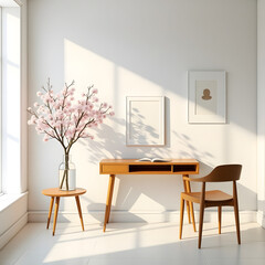 Minimalist White Office Workspace with Wooden Desk and Plant