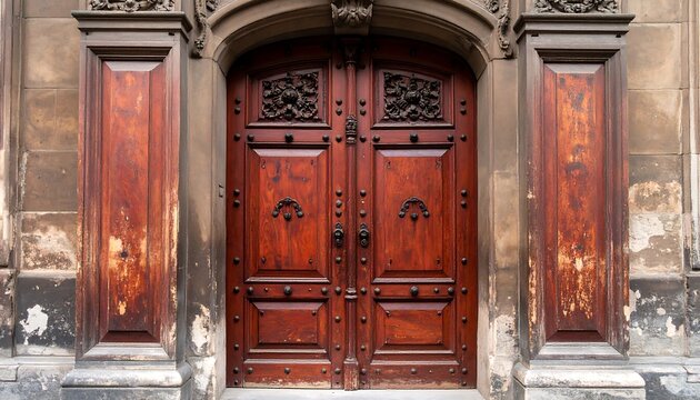 Ornate wooden double doors on a stone building - Powered by Adobe