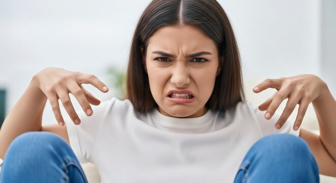This portrait features a young woman with a look of disgust and wrinkled face, expressing strong dislike.