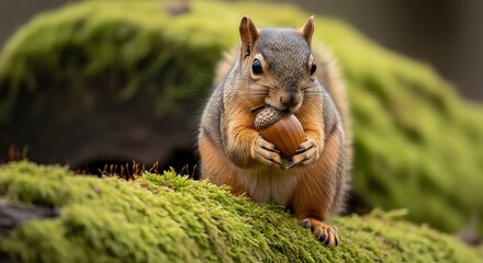 Fototapeta premium Adorable Squirrel Holding Acorns on Mossy Log, Wildlife Photo