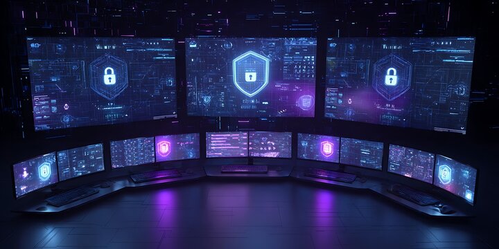 Multi-Monitor Security Operations Center (SOC) for Real-time Threat Monitoring and Advanced Digital Defense.