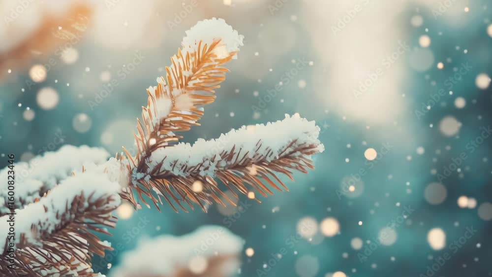 Poster snow blankets pine branches while delicate flakes fall softly in a tranquil winter setting.