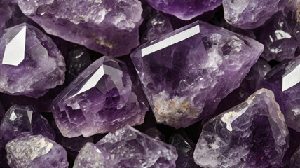 Close-up of raw and polished amethyst crystals with deep purple hues and natural textures