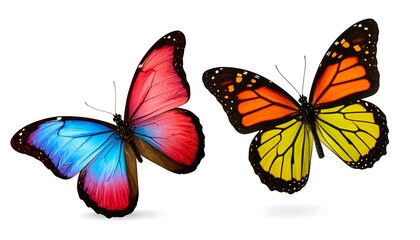 Obraz premium Two vibrant butterflies in flight against a white background