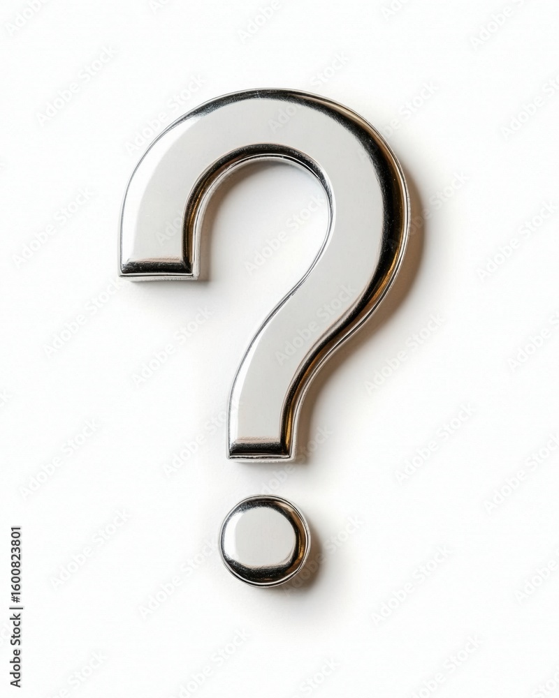 Fototapete a metallic, silver question mark symbol on a white background, casting a subtle shadow.