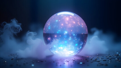 Obraz premium Mystical glowing crystal ball with dreamy clouds and starry light in a surreal fantasy scene. 