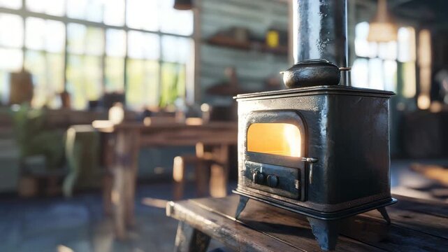 Cozy wood stove warming a rustic interior during the afternoon in a village workshop