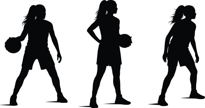 Female basketball silhouette, athlete illustration, sports action pose, black vector design, competitive energy, dribbling, stance, uniform, sport icon